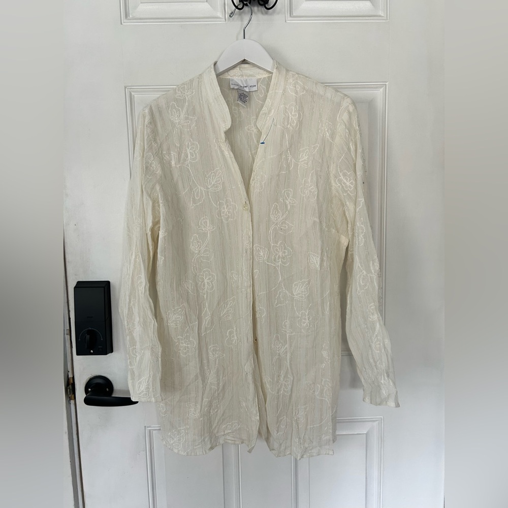 Susan Graver Ivory Floral Embroidered Button-Down Shirt